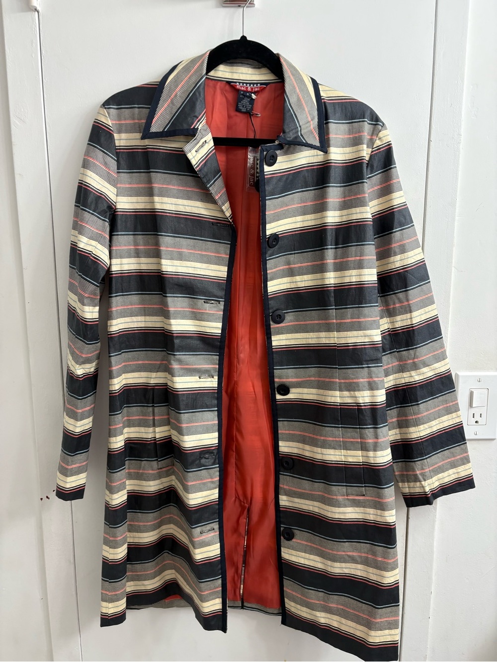mac & jac Striped Black Cream Tan Trench Coat with Rust Lining